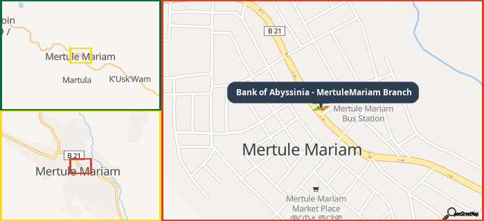 Map showing the address of Bank of Abyssinia - MertuleMariam Branch in three different zoom levels.