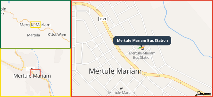 Map showing the address of Mertule Mariam Bus Station in three different zoom levels.