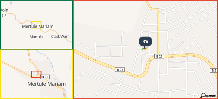 Map showing the address of ኖክ in three different zoom levels.