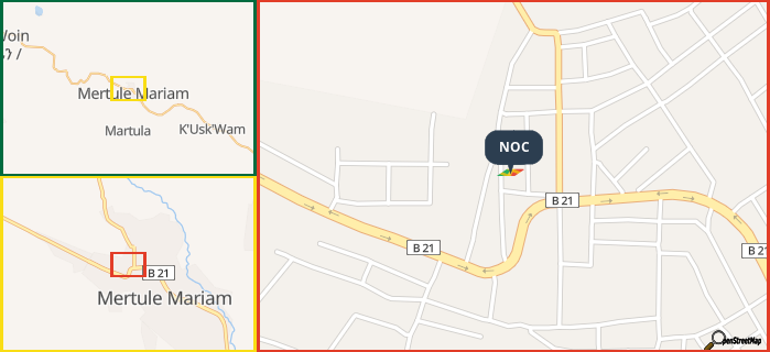 Map showing the address of NOC in three different zoom levels.