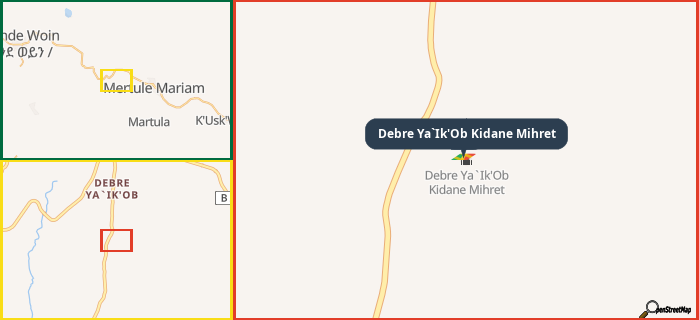 Map showing the address of Debre Ya`Ik'Ob Kidane Mihret in three different zoom levels.