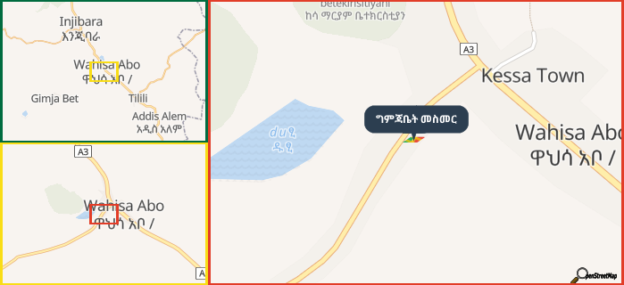 Map showing the address of ግምጃቤት መስመር in three different zoom levels.