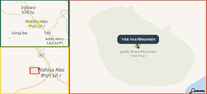 Map showing the address of ጉብል ተራራ/Mountain in three different zoom levels.