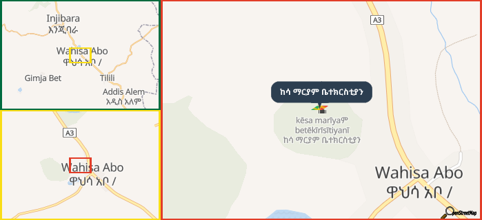 Map showing the address of ከሳ ማርያም ቤተክርስቲያን in three different zoom levels.