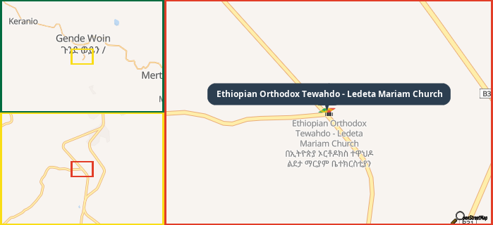 Map showing the address of Ethiopian Orthodox Tewahdo - Ledeta Mariam Church in three different zoom levels.