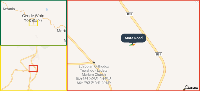 Map showing the address of Mota Road in three different zoom levels.