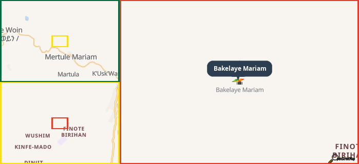 Map showing the address of Bakelaye Mariam in three different zoom levels.