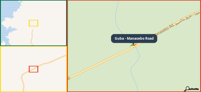 Map showing the address of Guba - Manasebo Road in three different zoom levels.