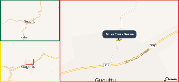 Map showing the address of Muke Turi - Dessie in three different zoom levels.