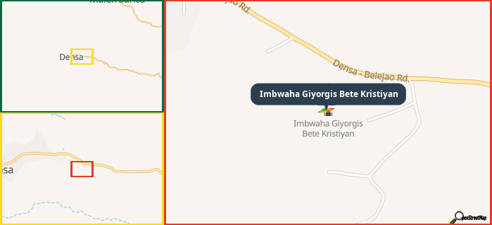 Map showing the address of Imbwaha Giyorgis Bete Kristiyan in three different zoom levels.