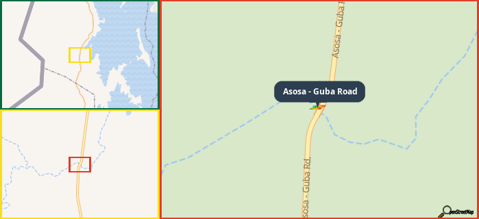Map showing the address of Asosa - Guba Road in three different zoom levels.