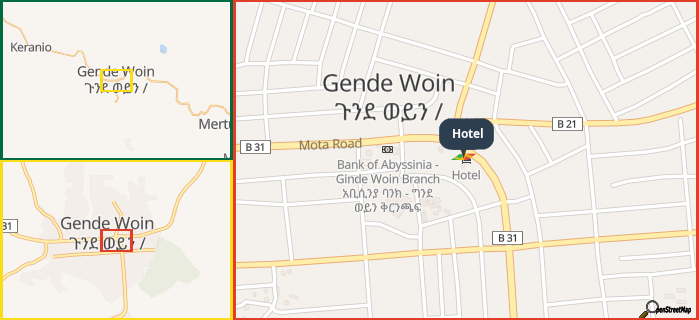 Map showing the address of Hotel in three different zoom levels.