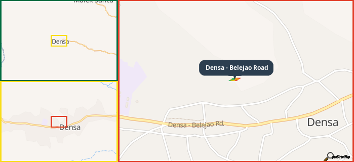 Map showing the address of Densa - Belejao Road in three different zoom levels.