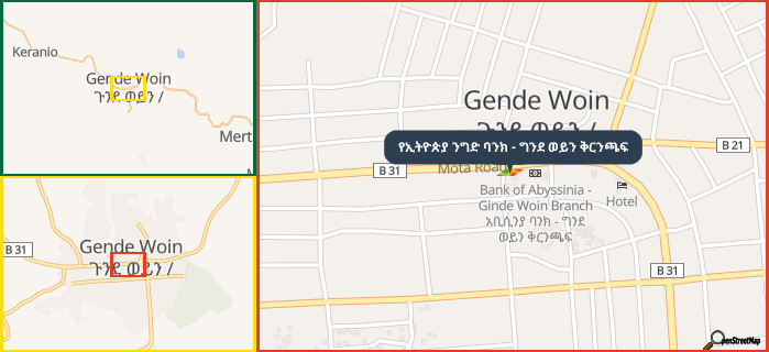 Map showing the address of የኢትዮጵያ ንግድ ባንክ - ግንደ ወይን ቅርንጫፍ in three different zoom levels.