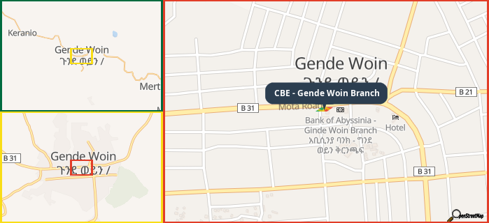 Map showing the address of CBE - Gende Woin Branch in three different zoom levels.