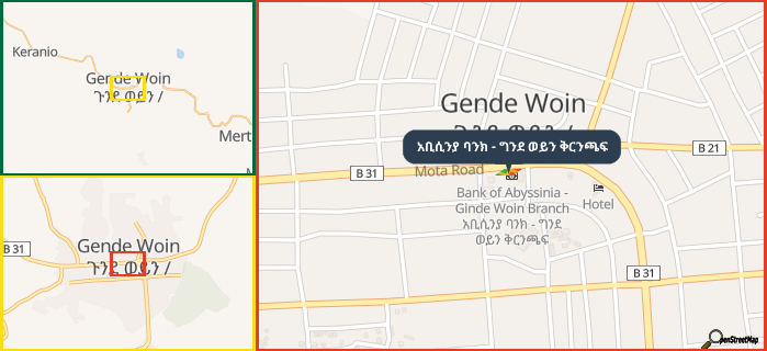 Map showing the address of አቢሲንያ ባንክ - ግንደ ወይን ቅርንጫፍ in three different zoom levels.