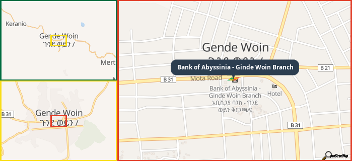 Map showing the address of Bank of Abyssinia - Ginde Woin Branch in three different zoom levels.