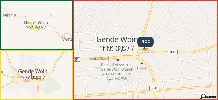 Map showing the address of NOC in three different zoom levels.