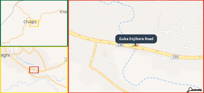 Map showing the address of Guba Enjibera Road in three different zoom levels.