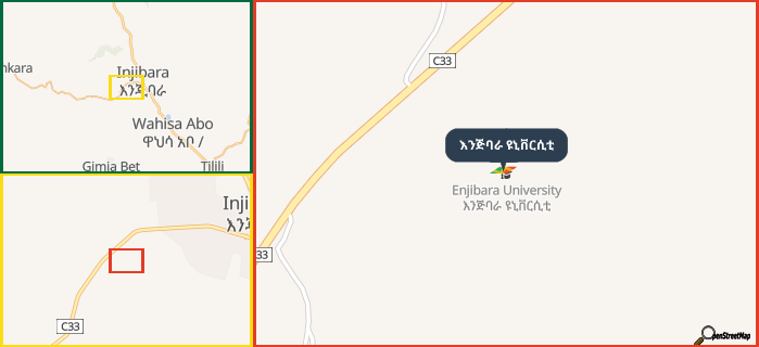Map showing the address of እንጅባራ ዩኒቨርሲቲ in three different zoom levels.