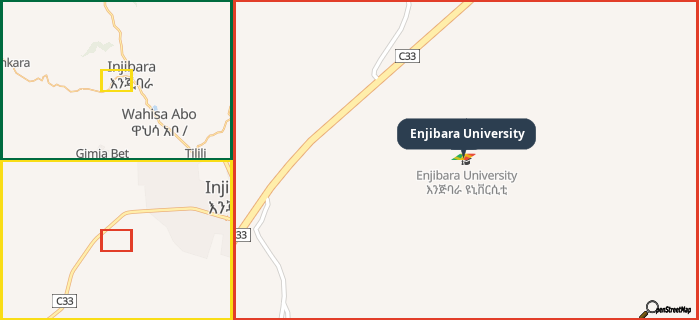 Map showing the address of Enjibara University in three different zoom levels.
