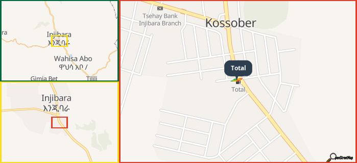 Map showing the address of Total in three different zoom levels.