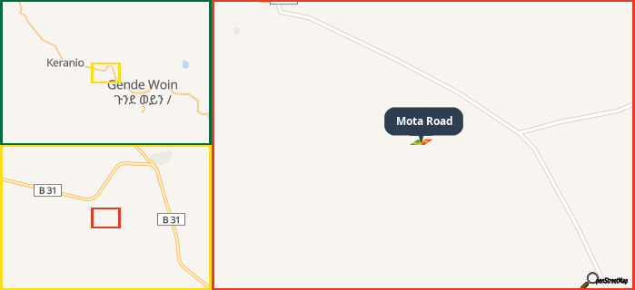 Map showing the address of Mota Road in three different zoom levels.