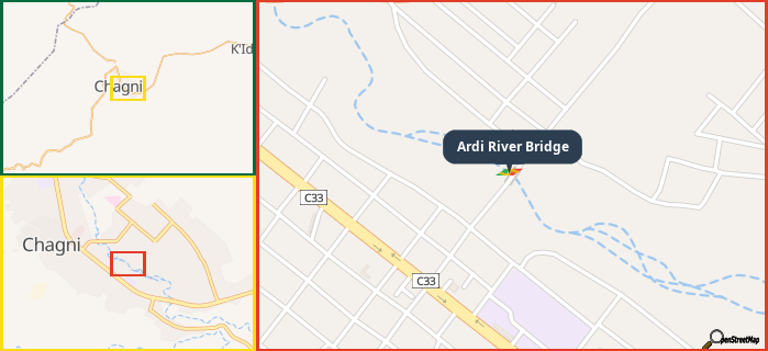 Map showing the address of Ardi River Bridge in three different zoom levels.