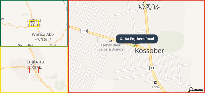 Map showing the address of Guba Enjibera Road in three different zoom levels.