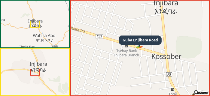 Map showing the address of Guba Enjibera Road in three different zoom levels.