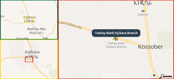 Map showing the address of Tsehay Bank Injibara Branch in three different zoom levels.