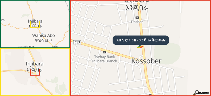 Map showing the address of አቢሲንያ ባንክ - እንጅባራ ቅርንጫፍ in three different zoom levels.