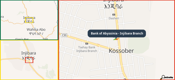 Map showing the address of Bank of Abyssinia - Injibara Branch in three different zoom levels.