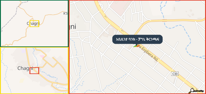 Map showing the address of አቢሲንያ ባንክ - ቻግኒ ቅርንጫፍ in three different zoom levels.