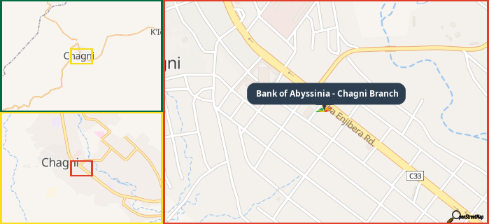 Map showing the address of Bank of Abyssinia - Chagni Branch in three different zoom levels.
