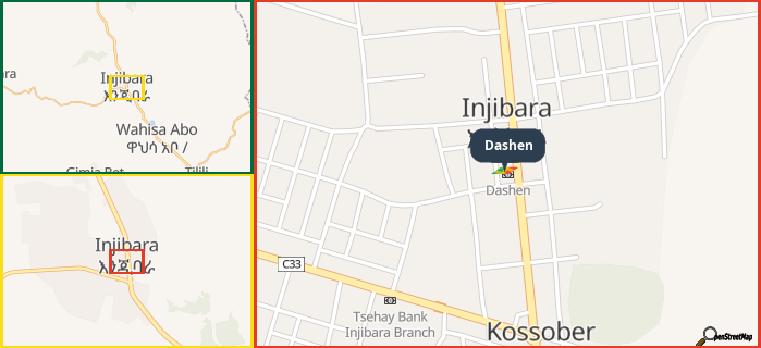 Map showing the address of Dashen in three different zoom levels.
