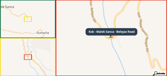 Map showing the address of Kok - Malek Sanca - Belejao Road in three different zoom levels.