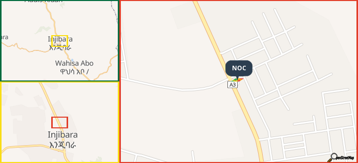 Map showing the address of NOC in three different zoom levels.