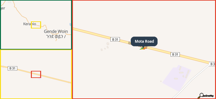 Map showing the address of Mota Road in three different zoom levels.