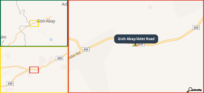 Map showing the address of Gish Abay/Adet Road in three different zoom levels.