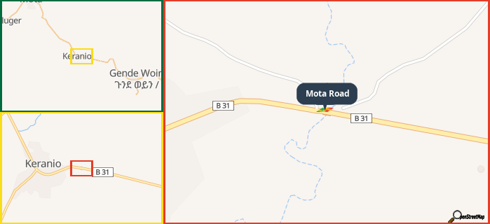 Map showing the address of Mota Road in three different zoom levels.