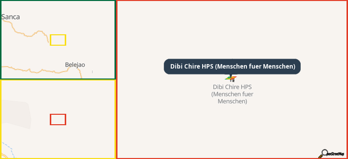 Map showing the address of Dibi Chire HPS (Menschen fuer Menschen) in three different zoom levels.