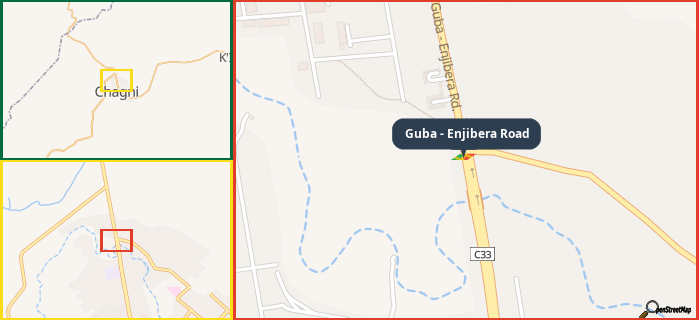 Map showing the address of Guba - Enjibera Road in three different zoom levels.