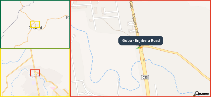 Map showing the address of Guba - Enjibera Road in three different zoom levels.