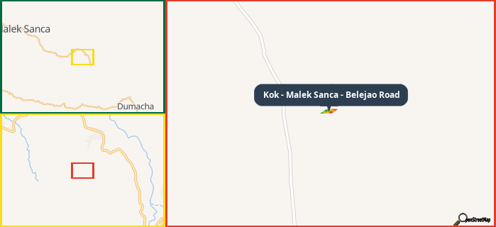 Map showing the address of Kok - Malek Sanca - Belejao Road in three different zoom levels.