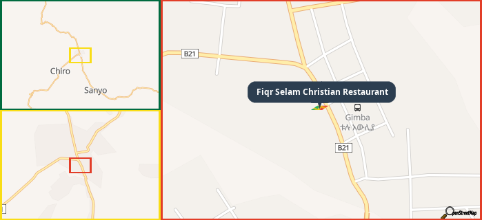 Map showing the address of Fiqr Selam Christian Restaurant in three different zoom levels.