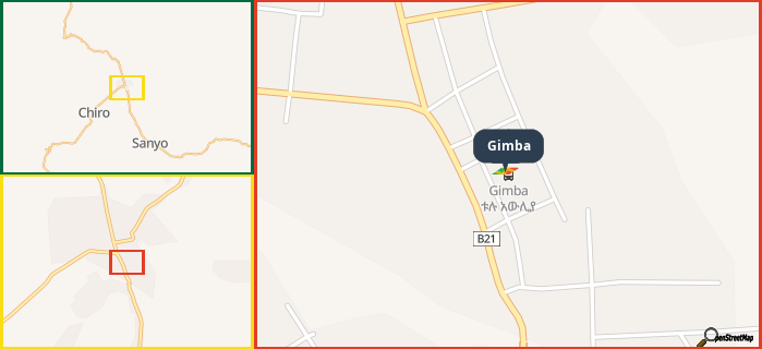 Map showing the address of Gimba in three different zoom levels.