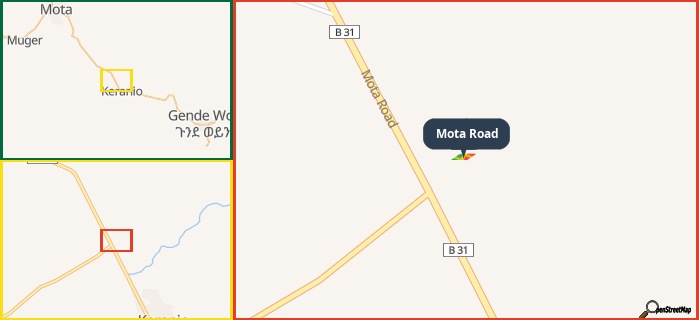 Map showing the address of Mota Road in three different zoom levels.
