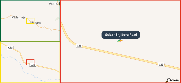 Map showing the address of Guba - Enjibera Road in three different zoom levels.
