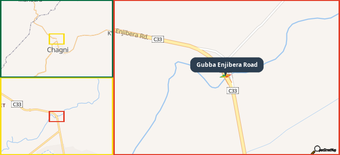 Map showing the address of Gubba Enjibera Road in three different zoom levels.